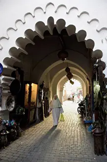 Variety Prints: Morocco, Marrakech, Woman Walking With Shopping Bag Through Covered Corridor; Medina