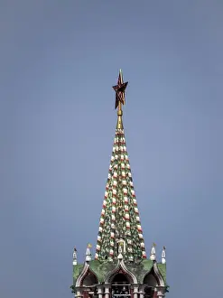 Union Prints: MOSCOW, RUSSIA, June 10, 2019: Ruby star on the spire of the Spasskaya Tower of the Moscow Kremlin on June 10