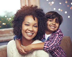 Bokeh Prints: Mother, child and portrait embrace on sofa or love connection or support comfort in apartment