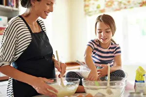 Home Prints: Mother, cooking or girl child baking in kitchen as a happy family with a young kid learning cookies recipe
