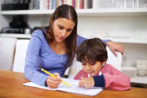 Teach Prints: Mother, help and child with book for homework