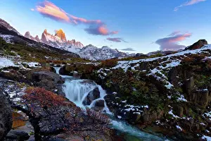 Vista Prints: Mount Fitz Roy and waterfall at sunrise in Autumn, El Chalten, Patagonia, Argentina