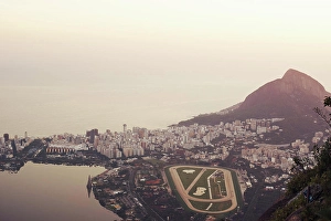 Cape Prints: Mountain, city and landscape at sunset with ocean or stadium from drone in urban Cape Town