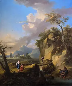 Footbridge Prints: Mountain landscape with figures and bridge by Franz de Paula Ferg (1689 - 1740); Oil an canvas; 18th century