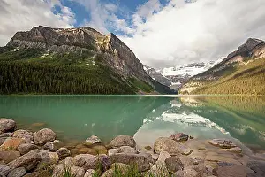 River Banks Prints: Mountains reflected in Lake Louise, Banff National Park, Canada, North America
