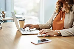 Cellphone Prints: Mouse, laptop and hands of person in office