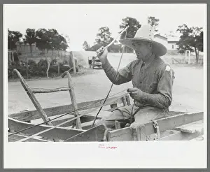 Mr. Leatherman starting for home in his burro-drawn cart