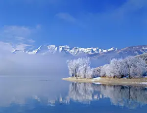 Frost Prints: Mt. Timpanogas, low clouds, Deer Creek Reservoir and rimmed trees, Wasatch Mountains, Utah