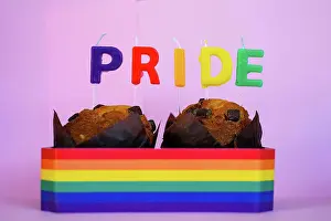 Lgbt Prints: Two muffins with candles and Pride flag