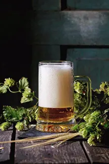Beer Prints: Mug of fresh draught lager beer with foam on black slate