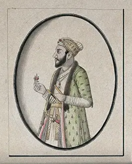 Watercolour Prints: A Mughal courtier holding a flower. Watercolour drawing by an Indian artist