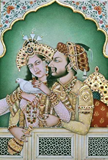 Miniature Prints: Mughal emperor Shah Jahan and Mumtaz miniature painting on paper, Rajasthan, India