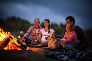 30 To 35 Years Prints: Multi-generational family enjoy toasting marshmallows over a beach bonfire at night
