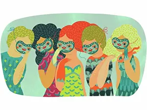 Diverse Prints: Multi-racial men and women all wearing identical masks