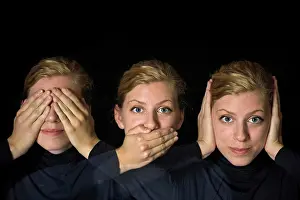 Side By Side Prints: Multiple exposures create a see no evil, speak no evil, hear no evil scene; Studio