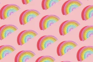 Side By Side Prints: Multiple image of colorful wooden rainbow toys on colored background