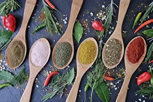Tableware Prints: Multitude of spices on wooden spoons