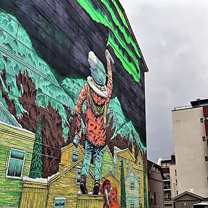 Luminous Prints: Mural After School, girl, graffiti sprayer sprays northern lights