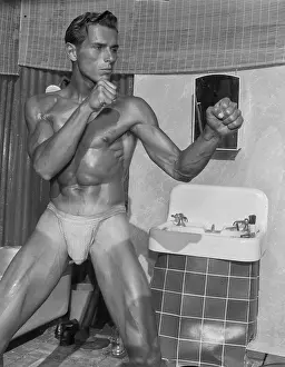 Bodybuilder Prints: Muscular Bathroom Athlete Boxer in Jock c.1959