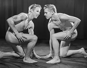 Attractive Prints: Muscular Blond Brothers Prepare to Wrestle Nude c.1962