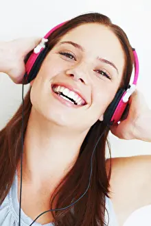 Sound Prints: Music headphones, happy face and woman portrait listening to fun girl song