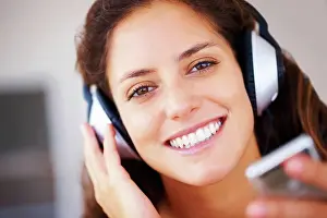 Network Prints: Music headphones, player and portrait with woman listening to playlist track