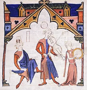 Manuscript Prints: Musicians with harpsichord, viola, miniature from a medieval Manuscript, 13th Century