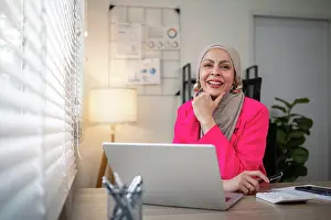 Cyberspace Prints: Muslim business woman hijab working about financial with business report