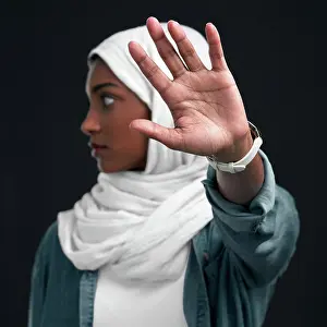 Arabic Prints: Muslim, hand and woman with stop in studio for blame
