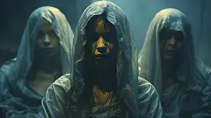 Anonymous Prints: Three mysterious teenage girls wearing silk sheets over their heads, generative AI