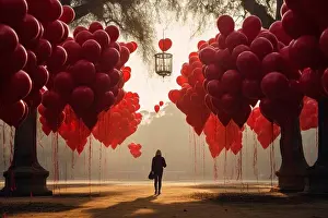 Solitary Prints: Mystical Forest Pathway Lined with Heart-Shaped Balloons