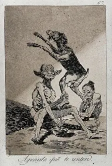 Seated Prints: A naked witch watching a seated monster grabbing a jumping goat by its hind leg