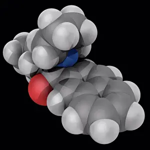Fill Prints: Naphyrone, molecular model. Drug acting as a triple reuptake inhibitor and producing stimulant effects