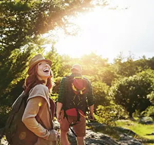 Climbing Prints: Nature, hiking and couple walking on adventure holiday in mountain with trees