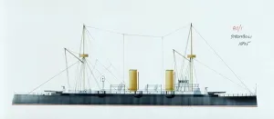Full Length Prints: Naval ships - Italy's Regia Marina torpedo ram RN Stromboli, 1886. Color illustration