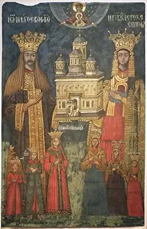 Romania Prints: Neagoe Basarab with his wife, Milica and children (From the Curtea de Arges Monastery)