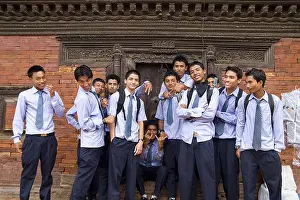 Nepal Prints: Nepal, Kathmandu, Bhaktapur, group of male high school students in uniform