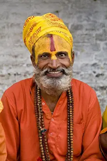 Nepal Prints: Nepal, Kathmandu, religious man at Pashupatinath holy Hindu place on Bagmati River