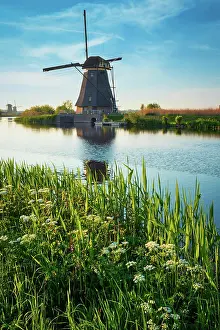 Farm Prints: Netherlands rural landscape with windmills at famous tourist site Kinderdijk in Holland on sunset with dramatic sky