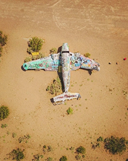 Nevada Prints: Nevada, USA - 02 May 2023: Aerial view of an abandoned airplane near Beatty
