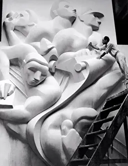 New York City Prints: New York, New York: 1940 Isamu Noguchi working on the Associated Press Building Plaque