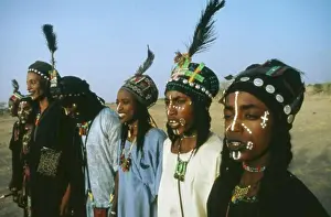 Indigenous Prints: Nigeria, Tribal People, Woodabe Tribesmen Dance The Yahe With Traditionally Painted Faces.