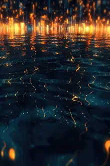 Luminous Prints: Night shot with lights reflected in water. Generative AI