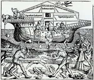 Carpentry Prints: Noah supervising the building of the Ark. Woodcut from Liber chronicarum mundi, 1493