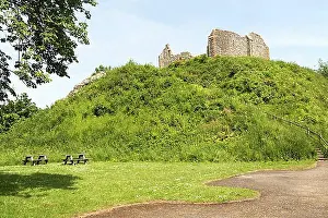 Ruined Prints: Norman motte and bailey castle with Victorian building ruin Eye, Suffolk, England, UK