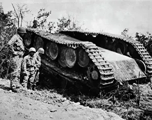 Normandy Prints: Normandy, France, 1944American soldiers dressed in new type camouflage uniforms looking at German Tiger Tank