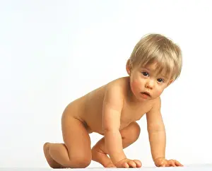 Standing Up Prints: Nude Baby Girl Against White Background
