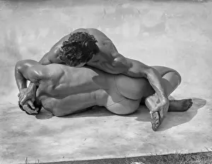 Bodybuilder Prints: Nude Bodybuilders Entangled on Ground c.1950