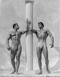Bodybuilder Prints: Nude Bodybuilders Pose with Column c.1950