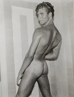 Shower Prints: Nude Male in Shower Looking Over Shoulder c.1962